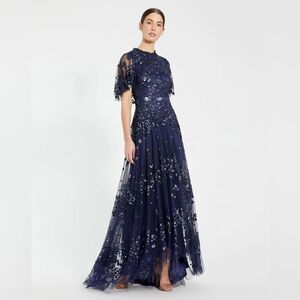 MAC DUGGAL 9192 Woman’s Blue Sequined High Neck Flutter Sleeve A Line Gown